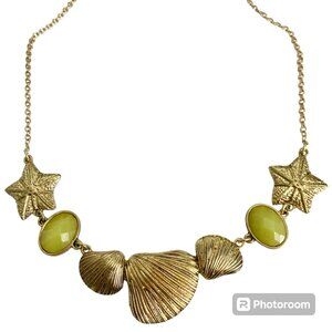 Gold Sea Shell Starfish Bib Necklace Plated Sea Life Island Nautical Beach 20"